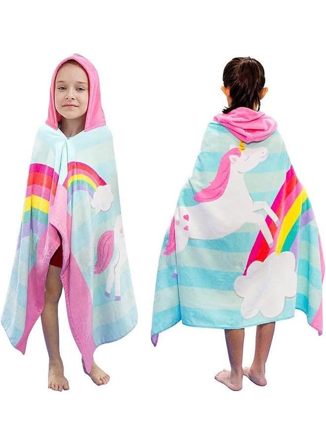 KIDS HOODED BATH BEACH TOWEL, COTTON 50"X30" WRAP, TODDLERS GIRLS BOYS 3-12 YEARS COVERUP(RAINBOW UNICORN)