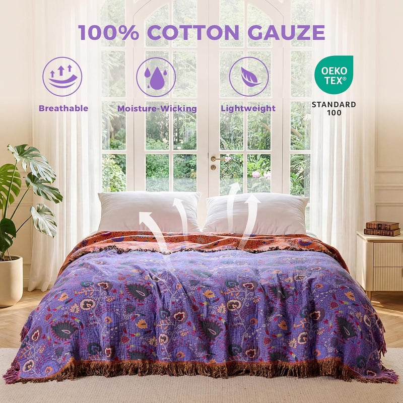 LUTBM Boho Throw Blanket for Bed 100% Cotton Ultra Soft Rustic Quilt Farmhouse Decor Bed Summer Blanket,All Season Rustic Throw for Sofa Couch Chair (Flower-Purple, 60"×80") - Image 2