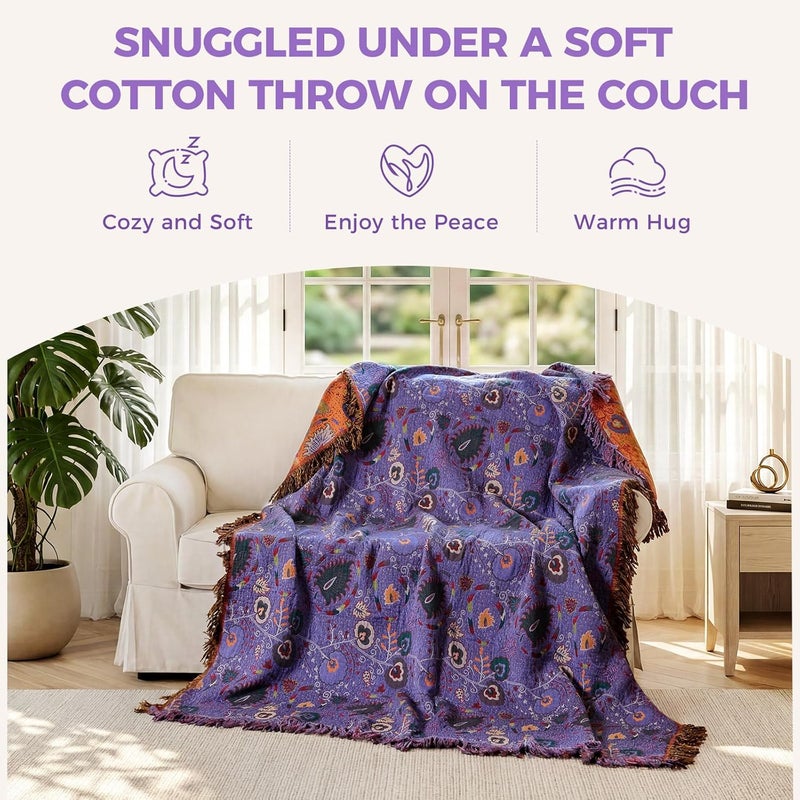 LUTBM Boho Throw Blanket for Bed 100% Cotton Ultra Soft Rustic Quilt Farmhouse Decor Bed Summer Blanket,All Season Rustic Throw for Sofa Couch Chair (Flower-Purple, 60"×80") - Image 4