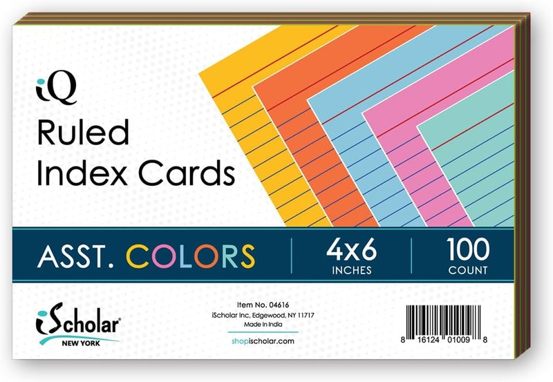 iScholar Index Cards, Assorted Colored, Ruled, 4 x 6 Inches, 100 Card Pack (04616) - Image 1
