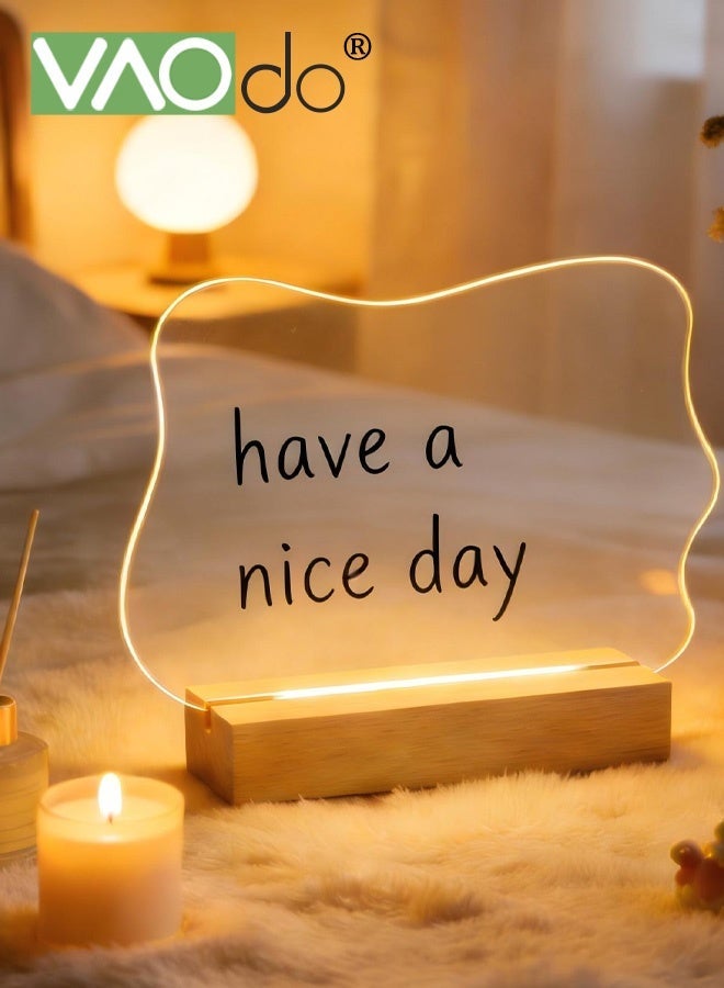 VAOdo LED Night Light, Acrylic Note Board with Wooden Base & Irregular Shape, Reusable Clear Desktop Memo Light, Soft Night Light for Home Office Decor, Eid Ramadan Gift for Family - Image 1