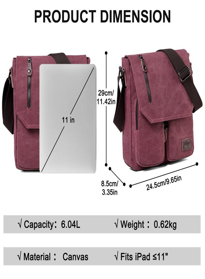 Kasqo Small Messenger Bag, 11" Vintage Canvas Shoulder Crossbody Bags for Men Women, Wine Red - Image 3