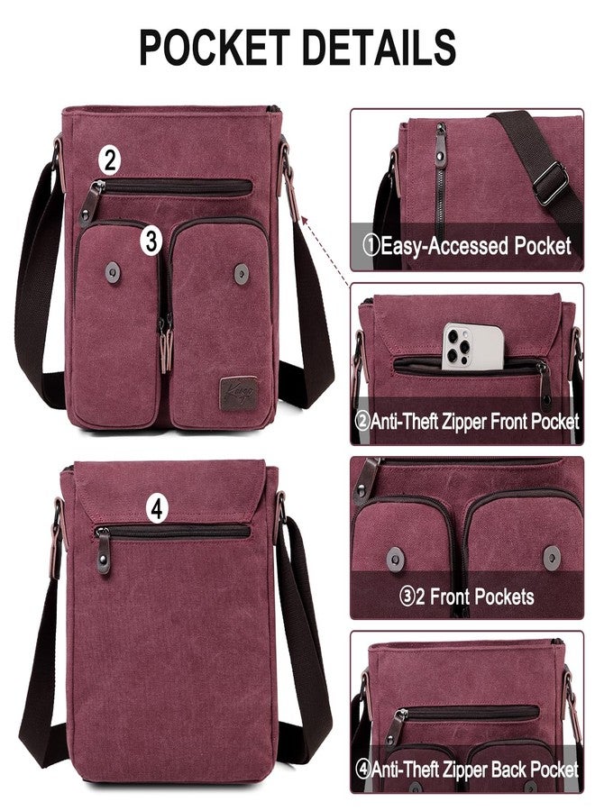 Kasqo Small Messenger Bag, 11" Vintage Canvas Shoulder Crossbody Bags for Men Women, Wine Red - Image 5