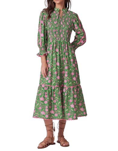 Kedera Women's Spring Boho Floral Midi Dress 2026 Casual Long Sleeve V Neck Flowy Beach Vacation Long Dress A-Green - Image 1