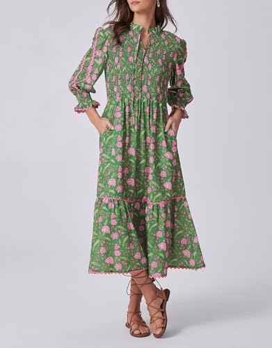 Kedera Women's Spring Boho Floral Midi Dress 2026 Casual Long Sleeve V Neck Flowy Beach Vacation Long Dress A-Green - Image 4