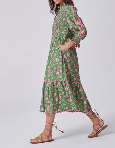Kedera Women's Spring Boho Floral Midi Dress 2026 Casual Long Sleeve V Neck Flowy Beach Vacation Long Dress A-Green - Image 3