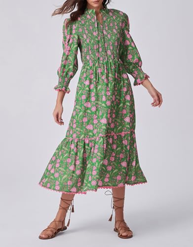 Kedera Women's Spring Boho Floral Midi Dress 2026 Casual Long Sleeve V Neck Flowy Beach Vacation Long Dress A-Green - Image 2