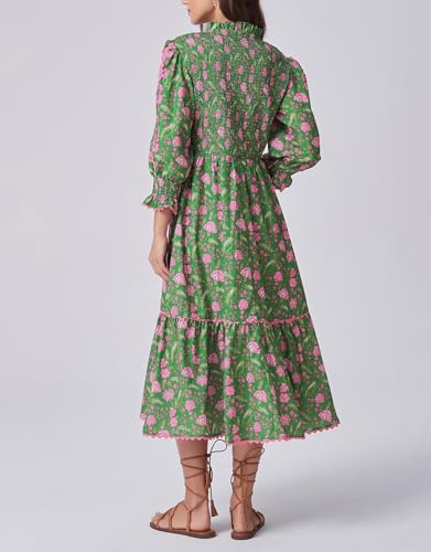 Kedera Women's Spring Boho Floral Midi Dress 2026 Casual Long Sleeve V Neck Flowy Beach Vacation Long Dress A-Green - Image 5