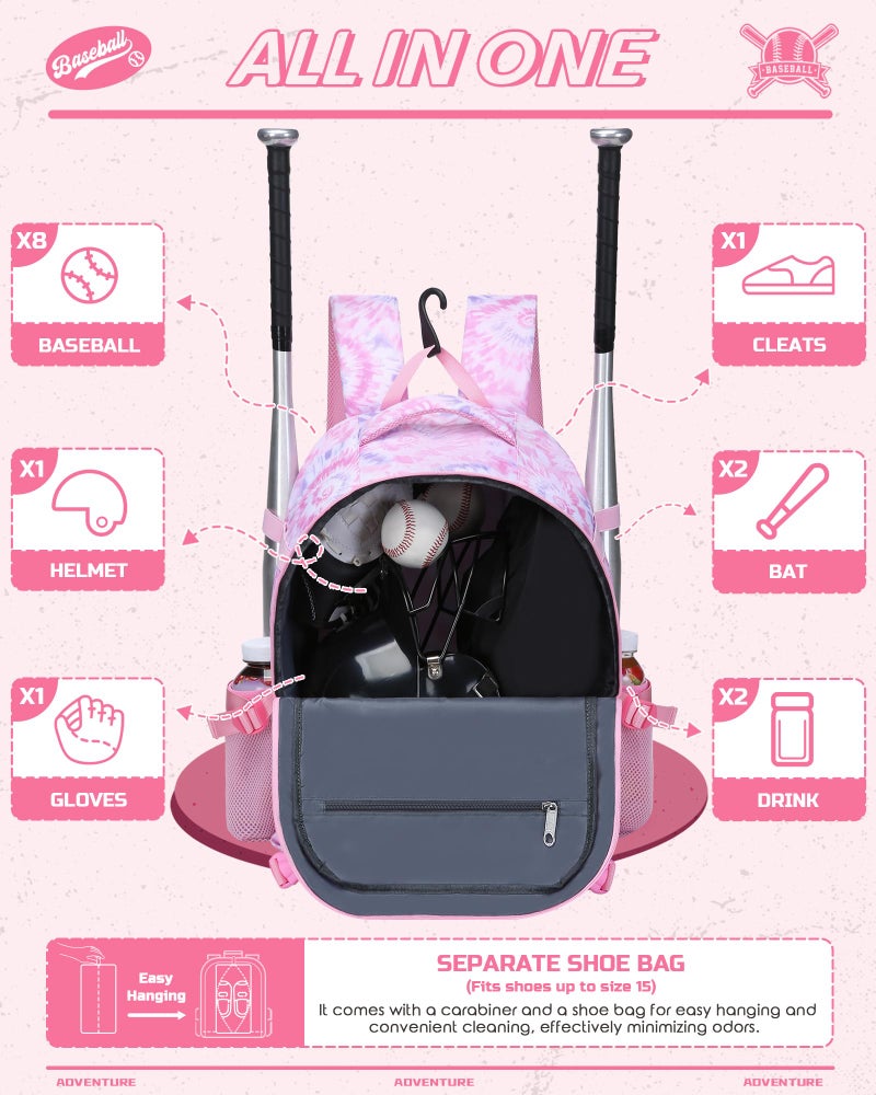 FOKDUVB Baseball Softball Backpack for Kids Boys Girls 6-8 8-12 12-14 Large Youth Bat Bag for Gear Storage Baseball Softball Tball Equipment Back Pack with Separate Shoe Bag (Pink/White, Tie-Dye) - Image 2