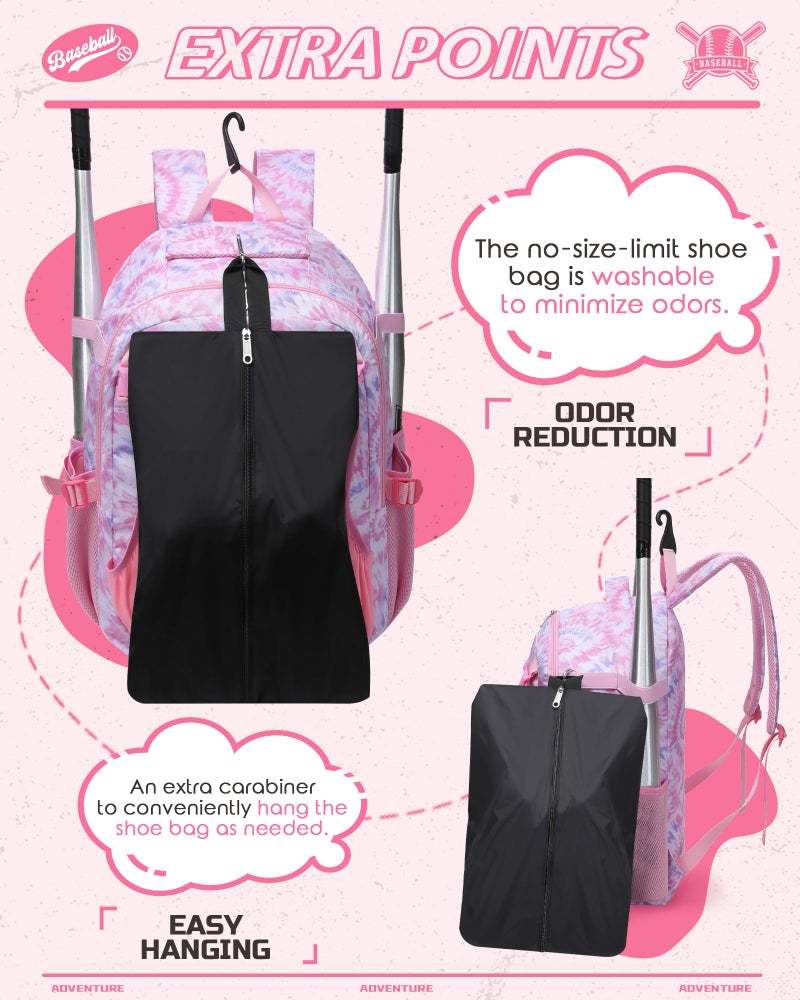 FOKDUVB Baseball Softball Backpack for Kids Boys Girls 6-8 8-12 12-14 Large Youth Bat Bag for Gear Storage Baseball Softball Tball Equipment Back Pack with Separate Shoe Bag (Pink/White, Tie-Dye) - Image 4