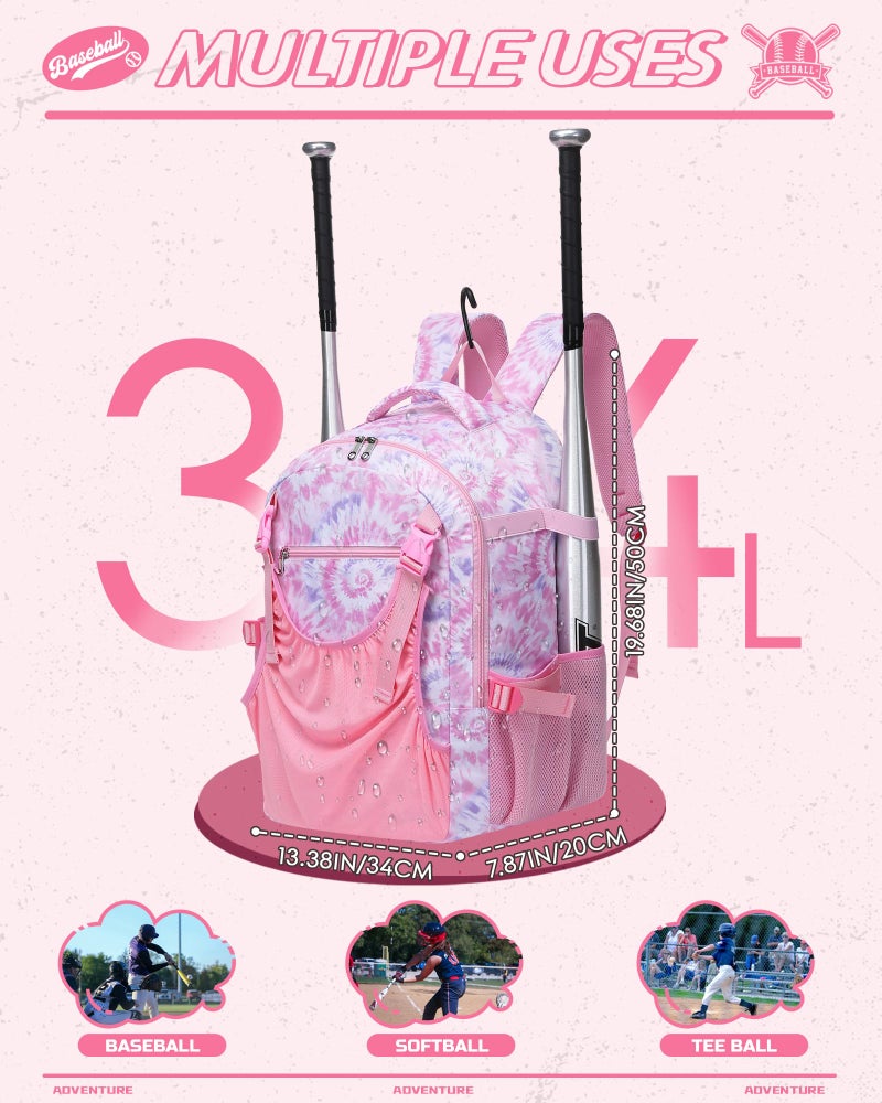 FOKDUVB Baseball Softball Backpack for Kids Boys Girls 6-8 8-12 12-14 Large Youth Bat Bag for Gear Storage Baseball Softball Tball Equipment Back Pack with Separate Shoe Bag (Pink/White, Tie-Dye) - Image 5