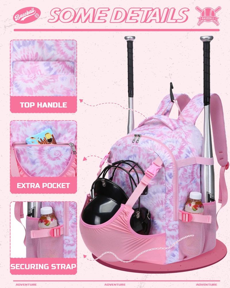 FOKDUVB Baseball Softball Backpack for Kids Boys Girls 6-8 8-12 12-14 Large Youth Bat Bag for Gear Storage Baseball Softball Tball Equipment Back Pack with Separate Shoe Bag (Pink/White, Tie-Dye) - Image 3