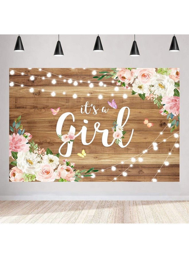 Aperturee It'S A Girl Baby Shower Backdrop Watercolor Pink Floral Rustic Wood Floor Butterfly Photography Background 5X3Ft Baby Girl Princess Party Decorations Photo Booth Studio Props Banner Supplies - Image 1