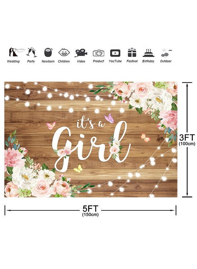Aperturee It'S A Girl Baby Shower Backdrop Watercolor Pink Floral Rustic Wood Floor Butterfly Photography Background 5X3Ft Baby Girl Princess Party Decorations Photo Booth Studio Props Banner Supplies - Image 4
