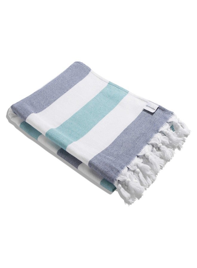 InfuseZen Terry Cloth Lined Turkish Bath & Beach Towel - Striped Design - 100% Organic Turkish Cotton - Soft, Lightweight, Absorbent Peshtemal - Quick Dry for Beach, Bath, Throw, Travel - Navy/Aqua - Image 1