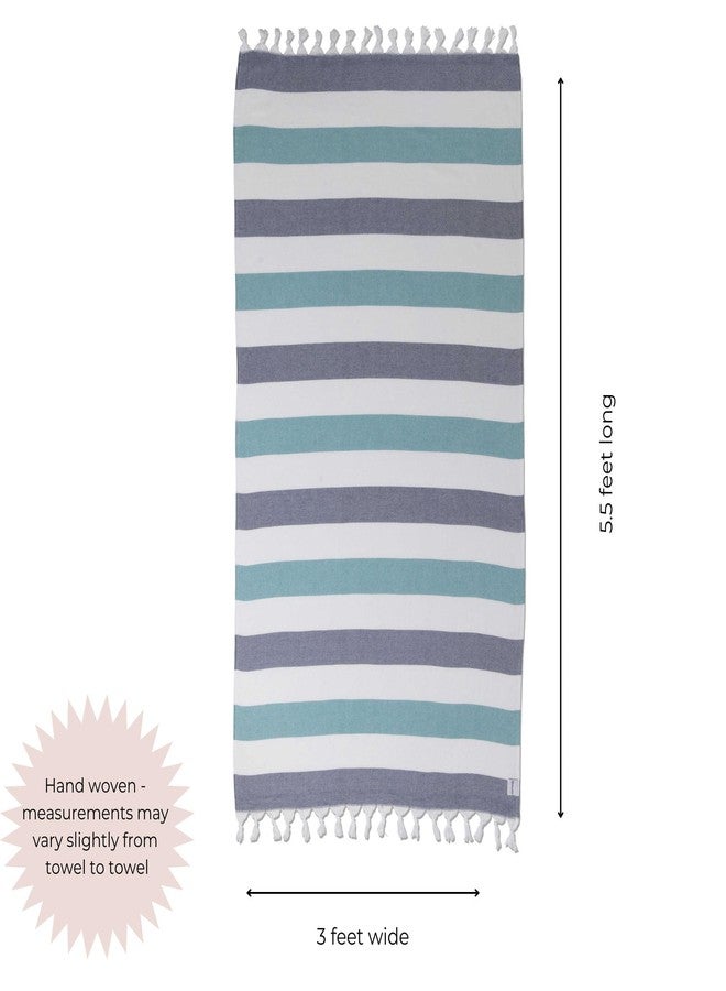 InfuseZen Terry Cloth Lined Turkish Bath & Beach Towel - Striped Design - 100% Organic Turkish Cotton - Soft, Lightweight, Absorbent Peshtemal - Quick Dry for Beach, Bath, Throw, Travel - Navy/Aqua - Image 3