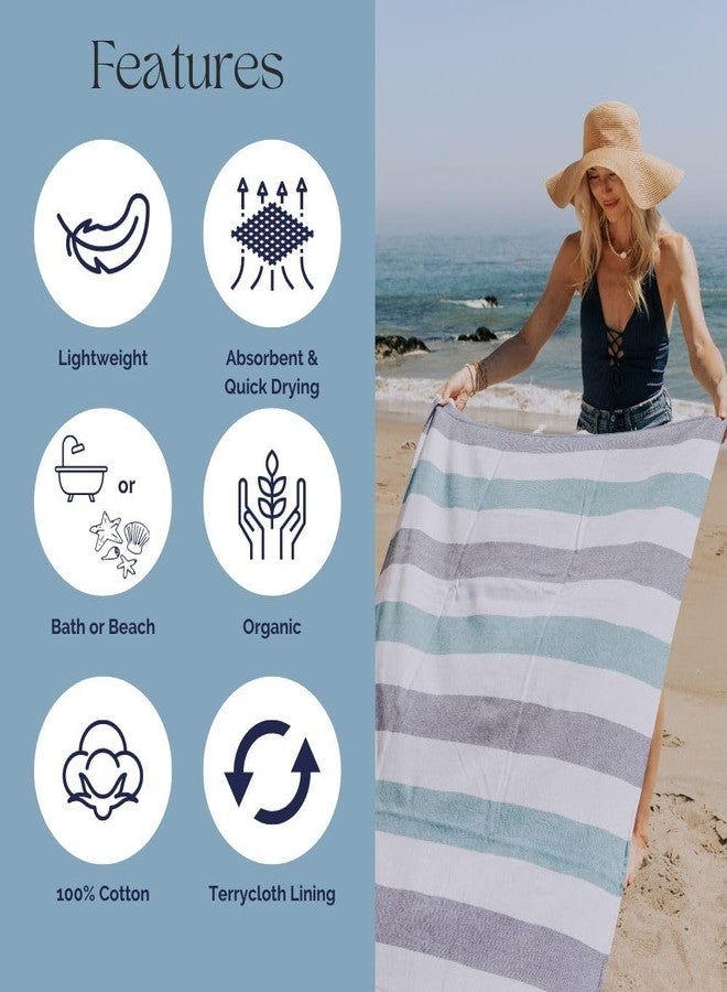 InfuseZen Terry Cloth Lined Turkish Bath & Beach Towel - Striped Design - 100% Organic Turkish Cotton - Soft, Lightweight, Absorbent Peshtemal - Quick Dry for Beach, Bath, Throw, Travel - Navy/Aqua - Image 5