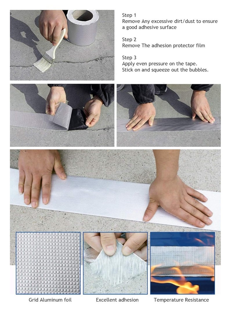 ROSEROSA شريط مطاطي خارجي مقاوم للماء من ROSEROSA احترافي من مادة البوتيل ورقائق الألومنيوم مناسب لتسربات السقف، وشقوق الأسطح، وفجوات عتبة النافذة، وتمزق الأنابيب، وختم القوارب، وما إلى ذلك (10 سم × 5 أمتار، فضي) - Image 5