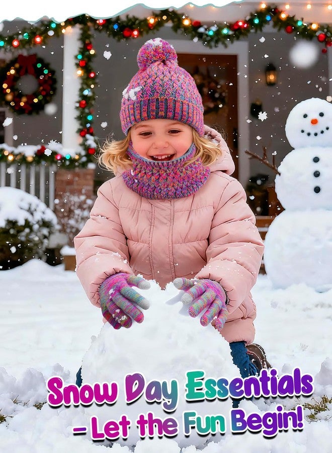 Beeplove Hat and Gloves for Girls - Kids Winter Warm Soft Beanie Scarf Gloves Set with Pompom, Girls Gifts, Purple Red Mix - Image 5