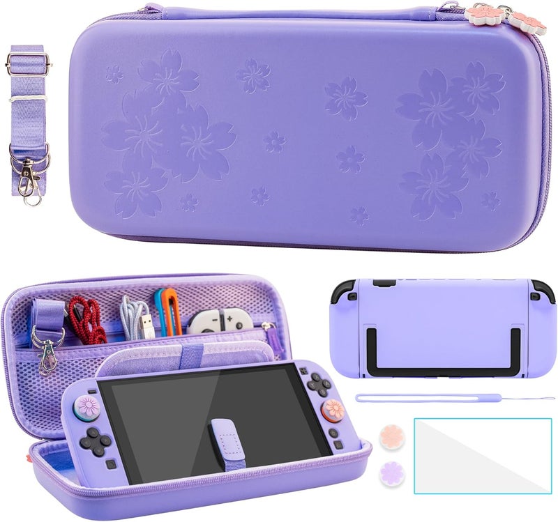 FANPL حزمة حافظات FANPL لجهاز Nintendo Switch 2 تشمل إكسسوارات، غطاء لحمل الجهاز وجهاز التحكم JoyCon مع طبقة حماية قوية وواقي للشاشة، بالإضافة إلى 4 مقابض للإبهام، وحزام للكتف (لون بنفسجي ساكورا). - Image 1
