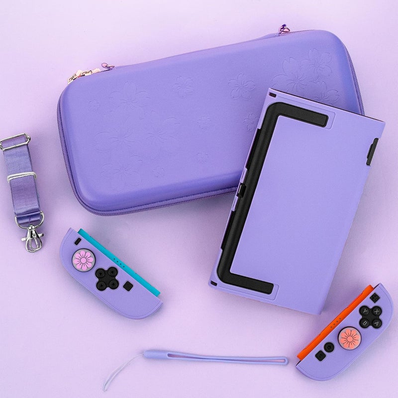 FANPL حزمة حافظات FANPL لجهاز Nintendo Switch 2 تشمل إكسسوارات، غطاء لحمل الجهاز وجهاز التحكم JoyCon مع طبقة حماية قوية وواقي للشاشة، بالإضافة إلى 4 مقابض للإبهام، وحزام للكتف (لون بنفسجي ساكورا). - Image 2