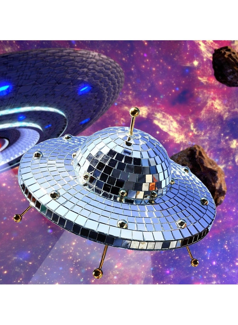 كابتن تيك UFO Disco Ball - Silver Retro Reflective Spaceship Mirror Ball, 8x6 Inch - Ideal for Home, Party, Garden Decor - Handmade Gift - Image 1