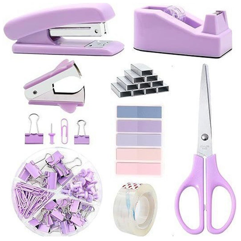 Kidle Office Supplies, Desk Accessories, Stapler and Tape Dispenser Set with Stapler, Tape Dispenser, Staple Remover, Staples, Clips, Scissor and Tabs,Gift for Students, Coworkers