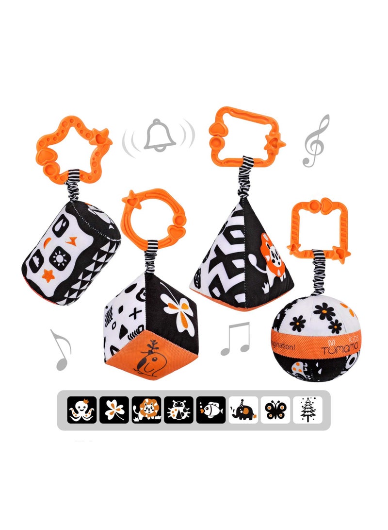 Zikra 4 Packs Baby Soft Hanging Rattle High Contrast Toys, Black and White Infant Toys 0 3 6 to 9 Months for Newborn, Baby Hanging Stroller Toy for Toddlers, Soft Sensory Rattles Toys Gift with Wind Chime - Image 1