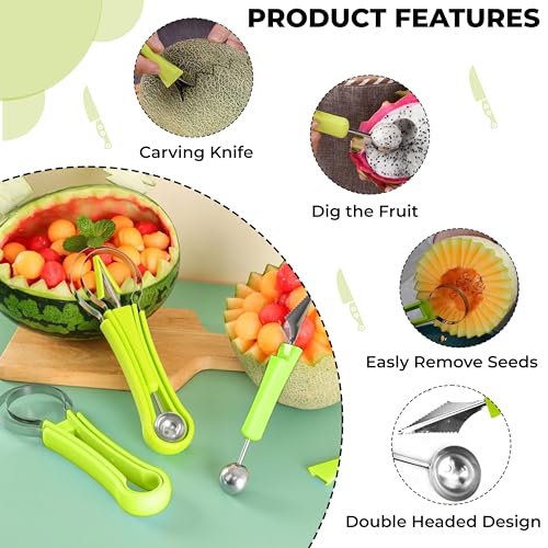 Kraptick Melon Baller Scoop Set, Watermelon Cutter and Slicer, Fruit Carving Tools Set, Fruits Slicer Set, Watermelon Knife Slicer, Fruit Cutting Tools-3 Pc Sets Stainless Steel (Green) - Image 4