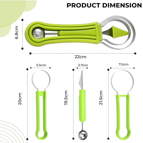 Kraptick Melon Baller Scoop Set, Watermelon Cutter and Slicer, Fruit Carving Tools Set, Fruits Slicer Set, Watermelon Knife Slicer, Fruit Cutting Tools-3 Pc Sets Stainless Steel (Green) - Image 3