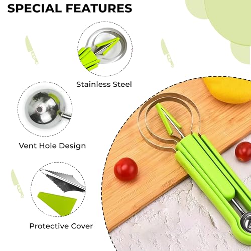 Kraptick Melon Baller Scoop Set, Watermelon Cutter and Slicer, Fruit Carving Tools Set, Fruits Slicer Set, Watermelon Knife Slicer, Fruit Cutting Tools-3 Pc Sets Stainless Steel (Green) - Image 5