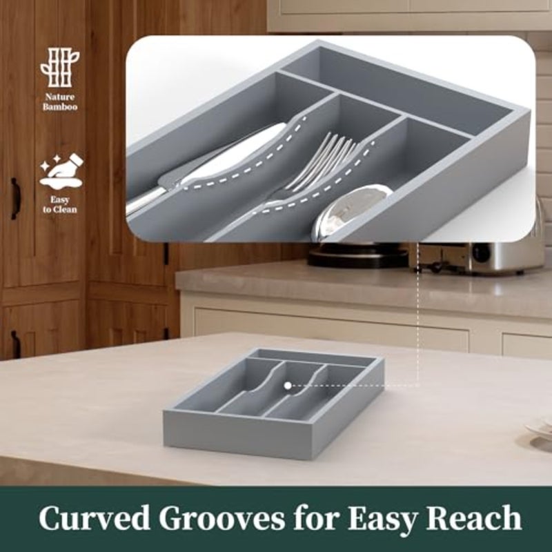 Silverware Organizer, Bamboo Kitchen Drawer Organizer, Utensil Holder, Cutlery Tray and Spoon Flatware Storage with Grooved Drawer Dividers - Image 4