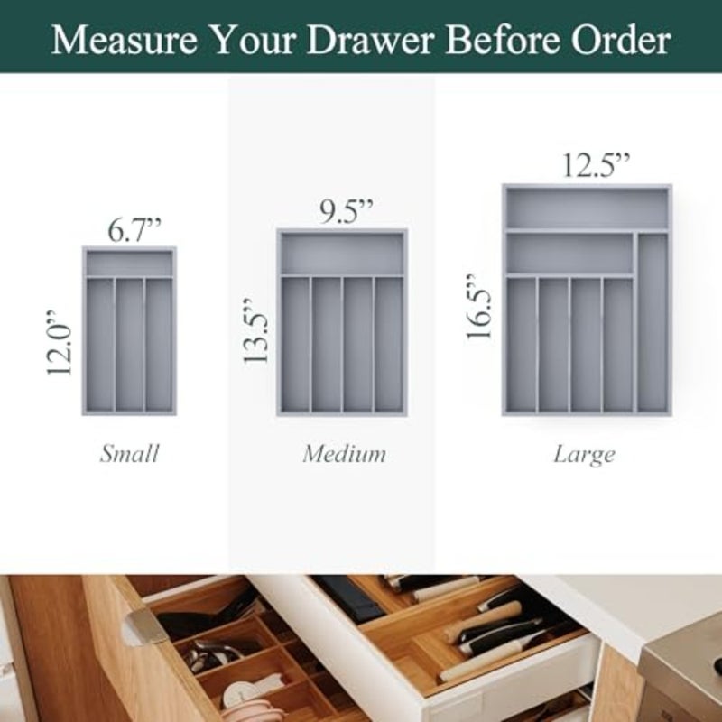 Silverware Organizer, Bamboo Kitchen Drawer Organizer, Utensil Holder, Cutlery Tray and Spoon Flatware Storage with Grooved Drawer Dividers - Image 3
