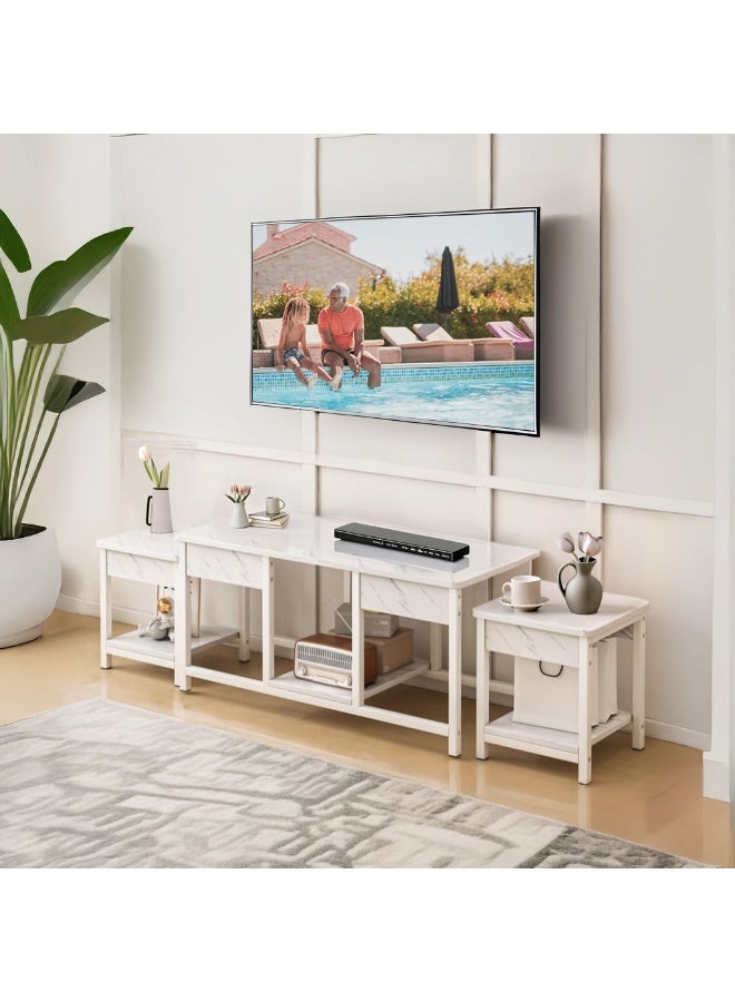 إيه جي دي طاولات قهوة متداخلة من 3 قطع قابلة للتكديس، طاولات جانبية  للتلفزيون وغرفة المعيشة / أبيض رخامي - Image 4