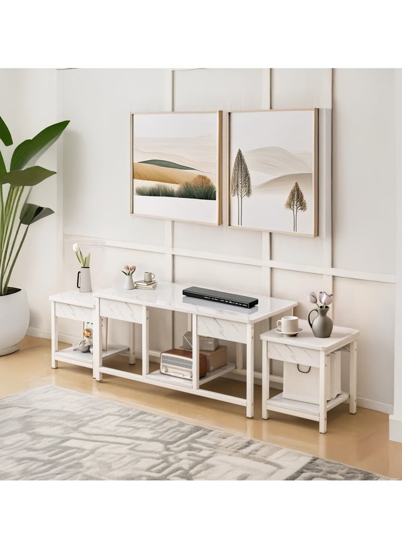 إيه جي دي طاولات قهوة متداخلة من 3 قطع قابلة للتكديس، طاولات جانبية  للتلفزيون وغرفة المعيشة / أبيض رخامي - Image 1