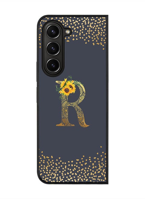Rugged Black edge case for Samsung Galaxy Z Fold5, Slim fit Soft Case Flexible Rubber Edges Anti Drop TPU Gel Thin Cover -  Custom Monogram Initial Letter Floral Pattern Alphabet - R  (Grey )