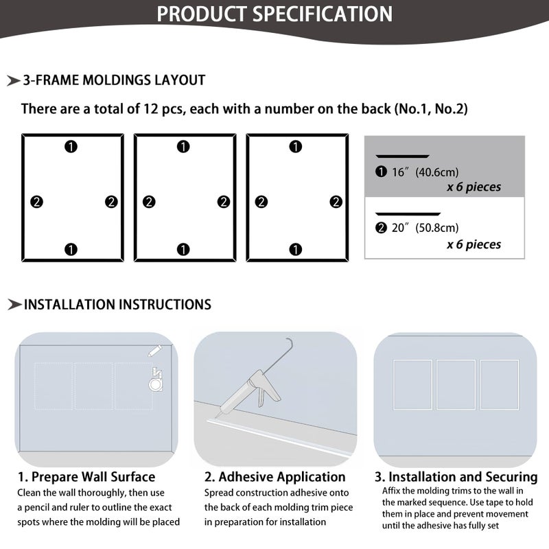 Lunghaa 3-Frame 16" x 20" Premade Accent Wall Molding Kit, Ready-to-Assemble Wainscoting Panels, Pre-Cut Chair Rail Moulding Trim Picture Frame for Home DÃ©cor - Image 3