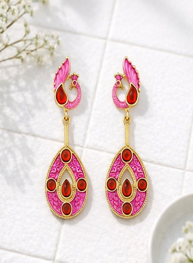AMAAL Gold Pink Kundan Peacock Drop Earrings for Women & Girls | Korean Enamel Danglers Red Stone Meenakari | Western Wedding,Earing | Stylish Jewellery for woman Valentine Gift for Girlfriend -505 - Image 4