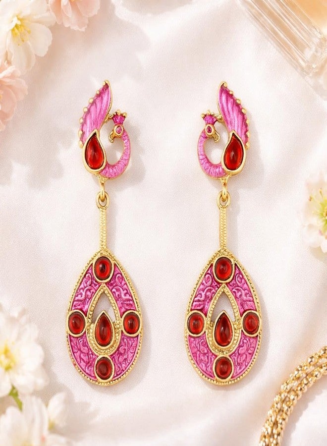 AMAAL Gold Pink Kundan Peacock Drop Earrings for Women & Girls | Korean Enamel Danglers Red Stone Meenakari | Western Wedding,Earing | Stylish Jewellery for woman Valentine Gift for Girlfriend -505 - Image 3