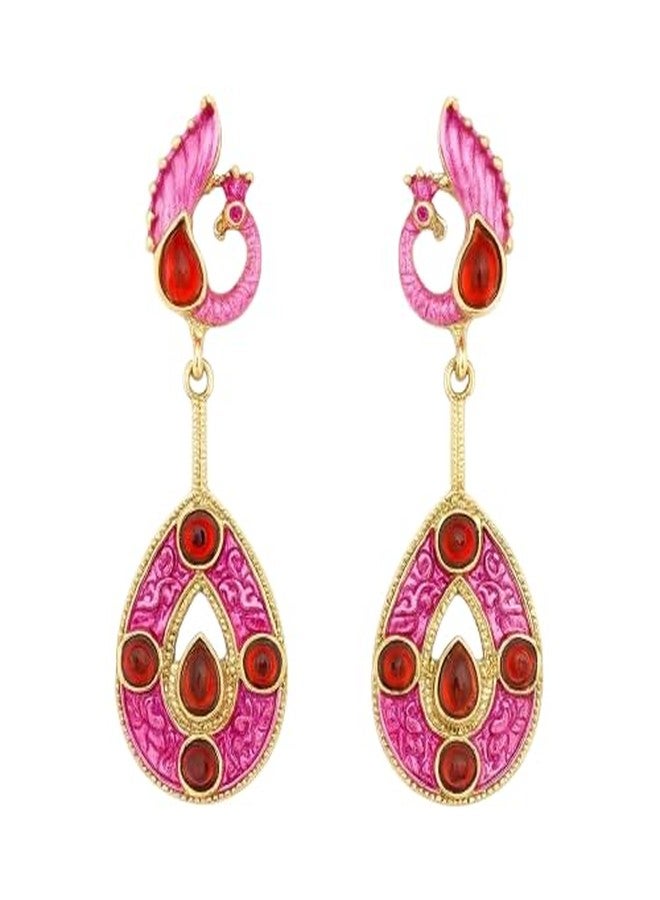 AMAAL Gold Pink Kundan Peacock Drop Earrings for Women & Girls | Korean Enamel Danglers Red Stone Meenakari | Western Wedding,Earing | Stylish Jewellery for woman Valentine Gift for Girlfriend -505 - Image 1