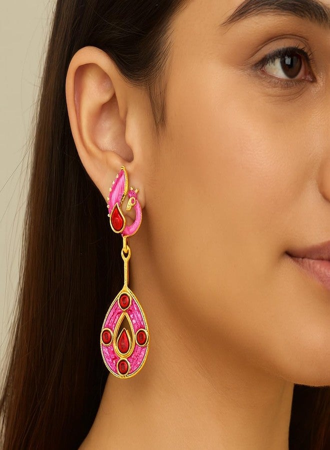 AMAAL Gold Pink Kundan Peacock Drop Earrings for Women & Girls | Korean Enamel Danglers Red Stone Meenakari | Western Wedding,Earing | Stylish Jewellery for woman Valentine Gift for Girlfriend -505 - Image 2