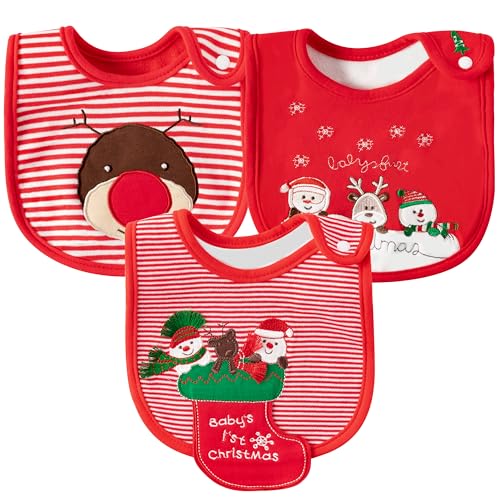2ooya 3Pcs Christmas Baby Cotton Bib Infant Drooling Feeding Bibs with Resin Buttons Toddler Absorbable Bib Set Unisex Sock Pattern Newborn Baby Food Bibs Baby Gift Photo Props for Christmas(6-12 months) - Image 1