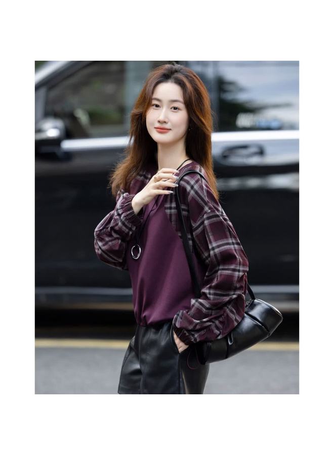 dme Demana Autumn Korean Style Vintage Plaid Patchwork Elastic Hem Sweatshirt For Women - Image 1
