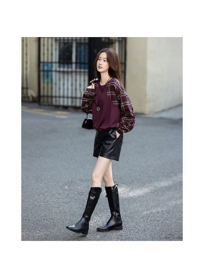 dme Demana Autumn Korean Style Vintage Plaid Patchwork Elastic Hem Sweatshirt For Women - Image 3
