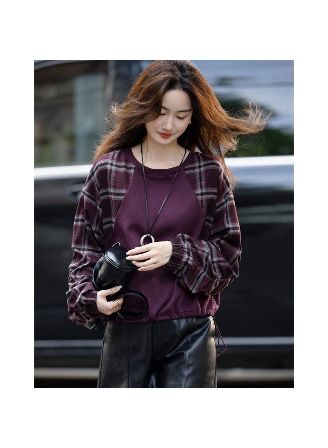 dme Demana Autumn Korean Style Vintage Plaid Patchwork Elastic Hem Sweatshirt For Women - Image 2