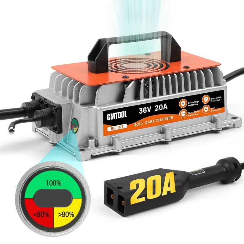 شاحن بطارية عربة الجولف CMTOOL 20 أمبير 36 فولت لـ EZGO TXT مقاوم للماء IP67 أوتوماتيكي بالكامل شاحن تريكل 36 فولت EZ GO مع قابس من نوع D لبطاريات الرصاص الحمضية