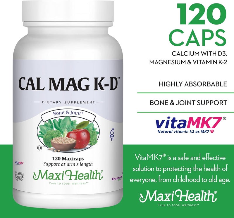 Maxi Health Men and Women 500 mg Calcium Supplement with Vitamin D3 2000 IU Magnesium 250 mg and Vitamin K2 150 mcg  Bone Teeth and Joint Support  120 Capsules - Image 2