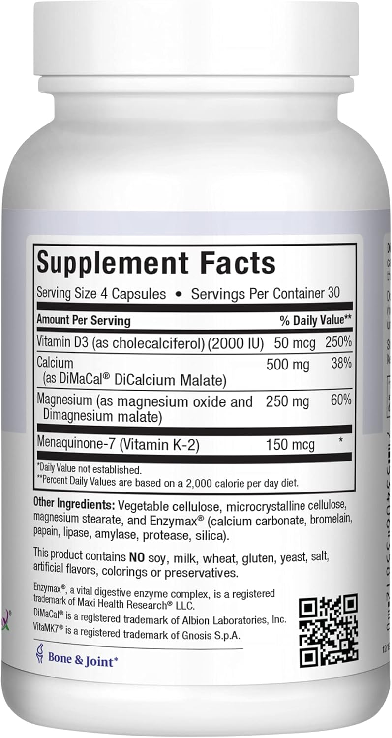 Maxi Health Men and Women 500 mg Calcium Supplement with Vitamin D3 2000 IU Magnesium 250 mg and Vitamin K2 150 mcg  Bone Teeth and Joint Support  120 Capsules - Image 4