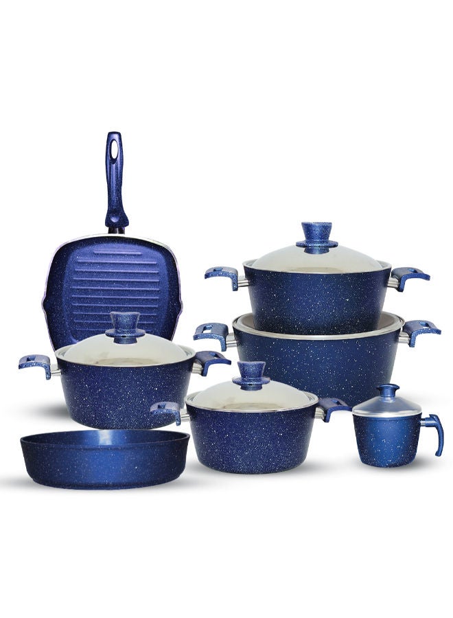 جلوري طقم حلل جرانيت غير لاصق ايكو 12ق 4 حلة (18-20-24-28) +جريل 28 + صينية 26 + لبانة 16 ازرق