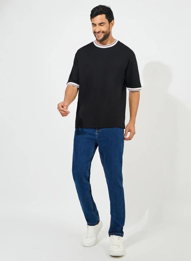 ستايلي Solid Cotton Terry Ringer T-Shirt with Contrast Rib Neck Detail